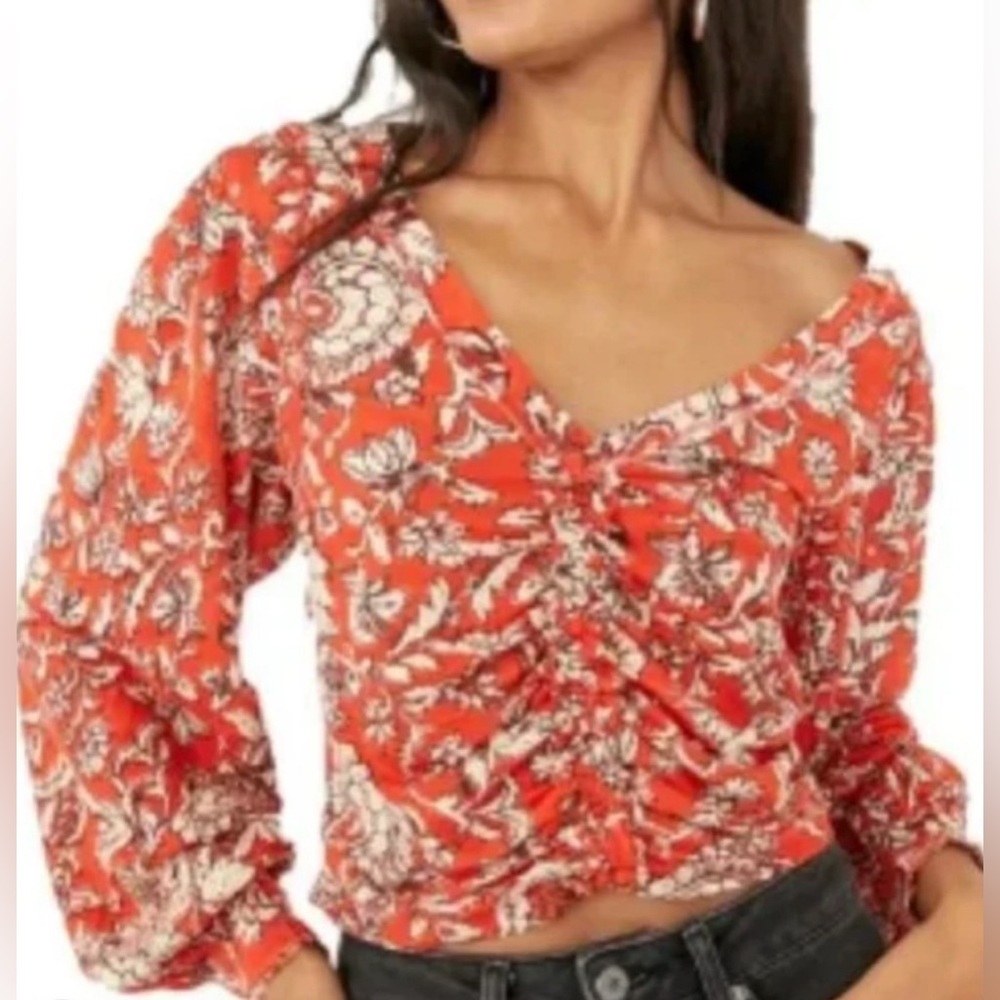 Free People Say The Word Ruched Balloon Sleeve Floral Blouse